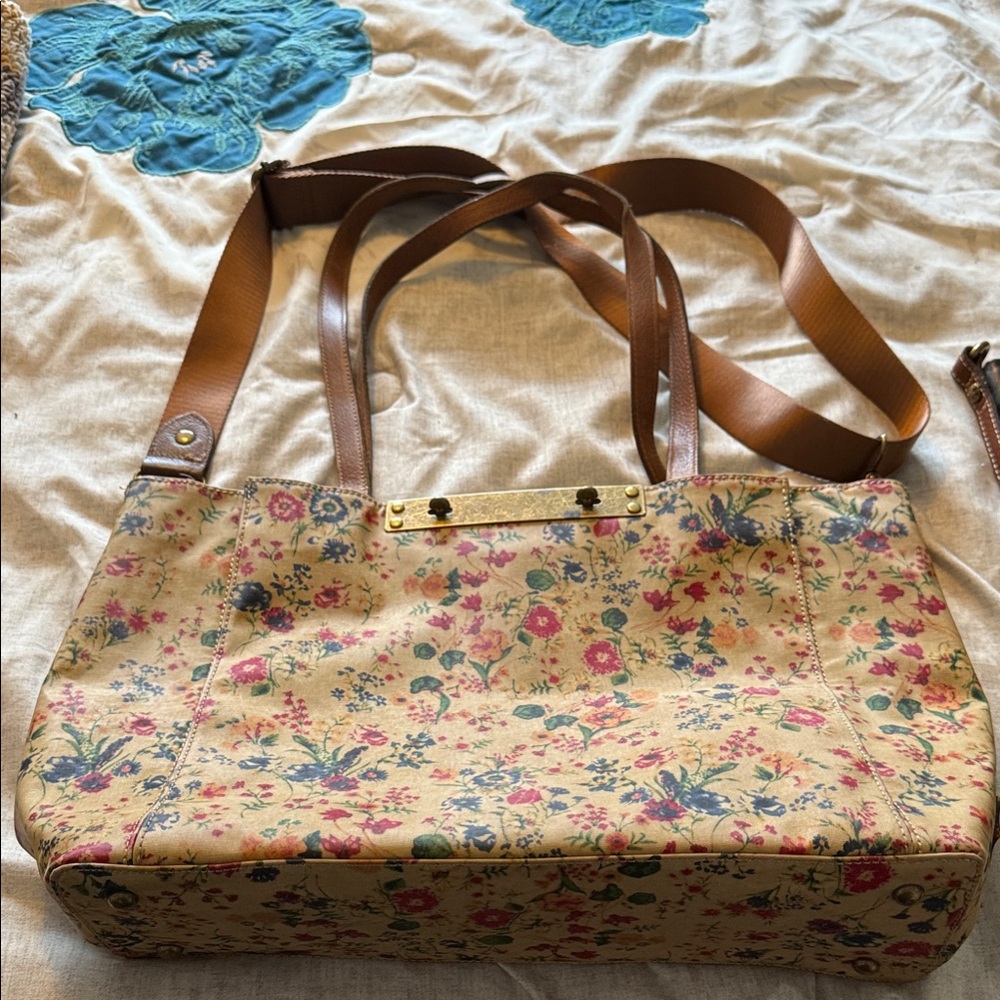Patricia Nash Floral Canvas Tote in Tan with Pink and Blue Accents